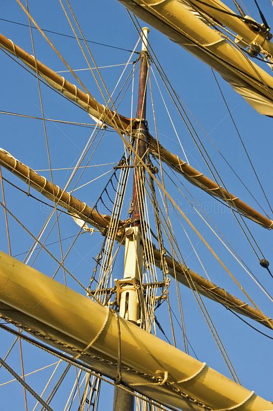 Masts ropes yards and rigging on the tallship 'Picton Castle'.