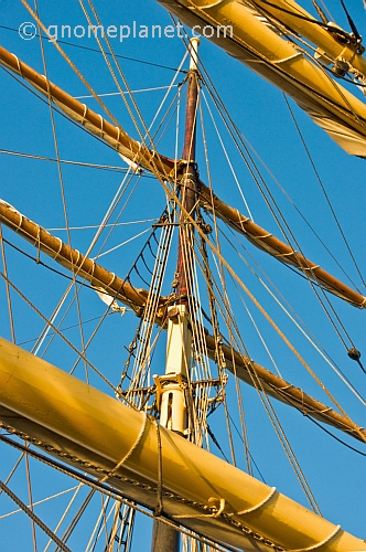 Masts ropes yards and rigging on the tallship 'Picton Castle'.