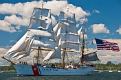 The US Coastguard sail training vessel leaves Halifax harbor.