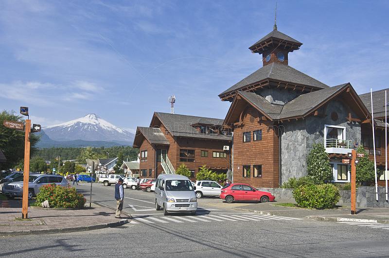 View through downtown Pucon to the Villarrica Volcano.