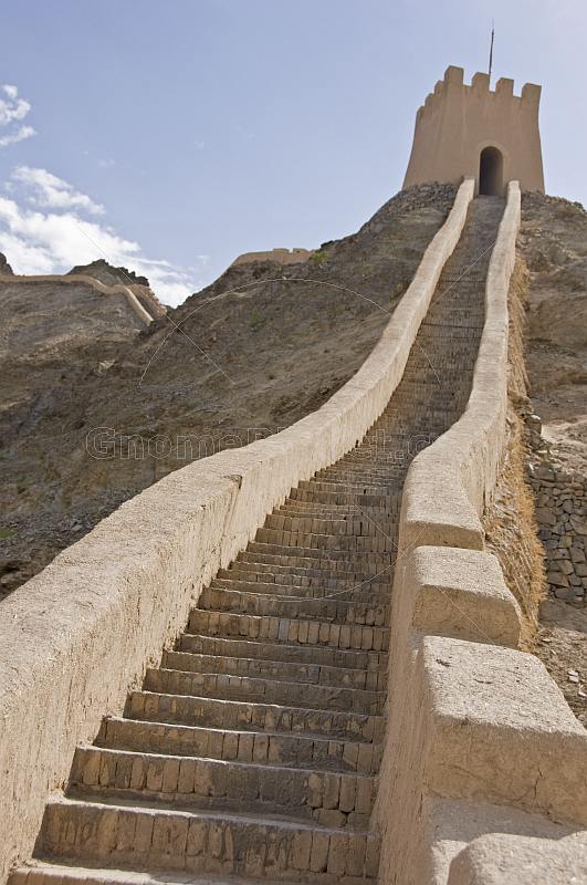 Steps along the reconstructed Great Wall of China at the Shiguan Gorge, near Jiayuguan.
