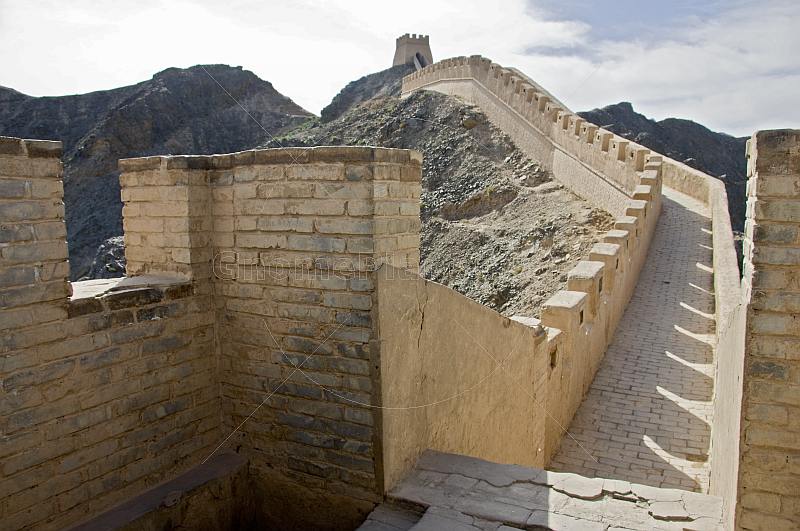 The reconstructed Great Wall of China at the Shiguan Gorge, near Jiayuguan.
