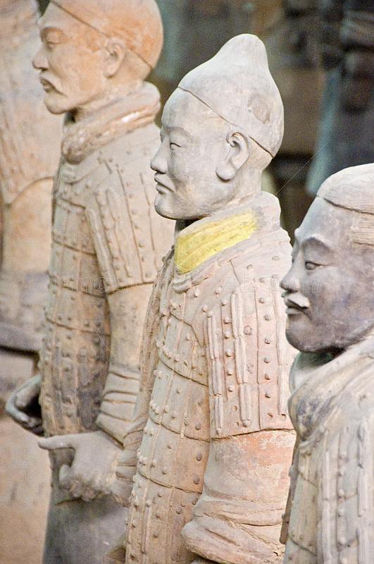 Closeup of Terracotta warriors in pit number 1 show some with patches of original color.