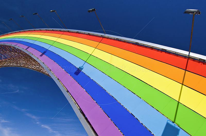 A rainbow arch greets the visitor arriving at the Erlian Border Crossing post between China and Mongolia.