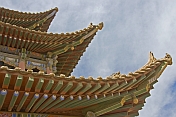 Pagoda-style roof eaves on a watch tower at the Jiayuguan Fort.