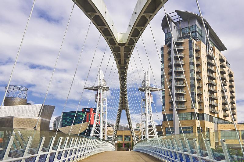 The Trinty Bridge designed by Spanish architect Santiago Calatrava crosses the River Irwell at Salford Quays.