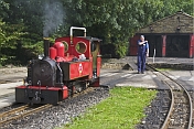 Steam locomotive driver walks towards engine Fox at Kirklees Light Railway at Clayton West.