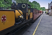 Steam locomotive Owl with train on platform at Kirklees Light Railway at Clayton West.