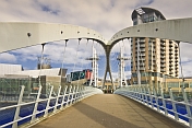 The Trinty Bridge designed by Spanish architect Santiago Calatrava crosses the River Irwell at Salford Quays.