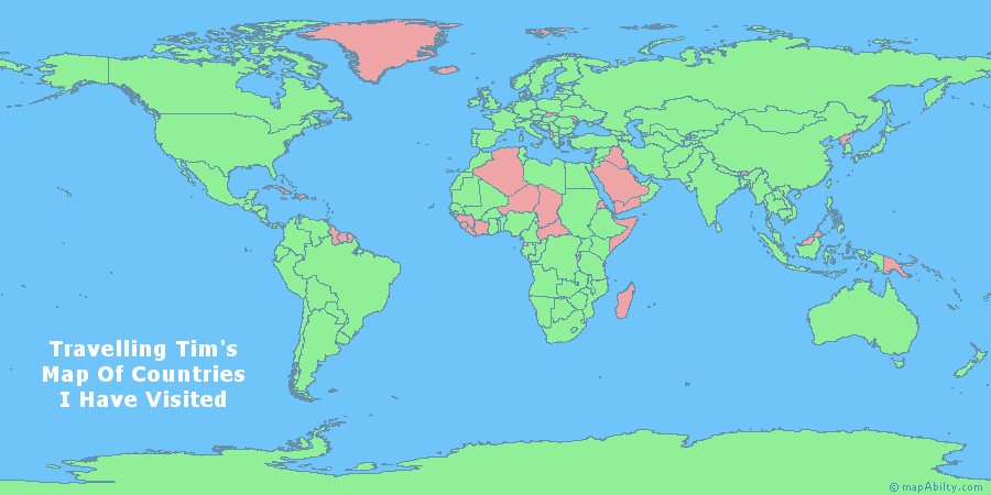 Map of countries visited by Travelling Tim