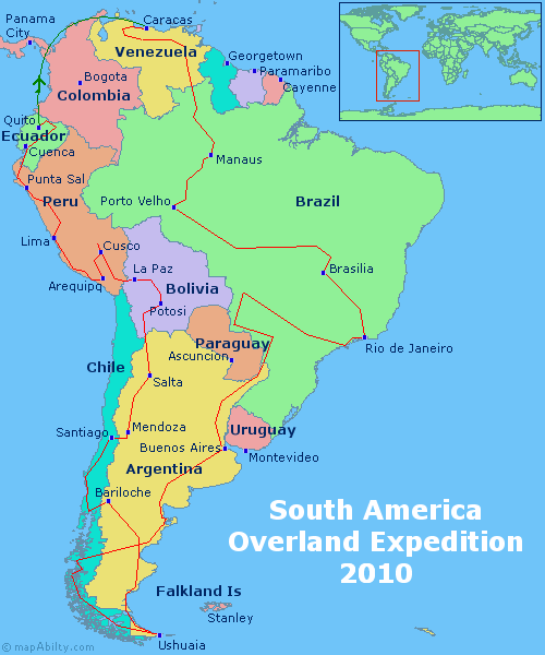 Map of Overlands travels around South America in 2010